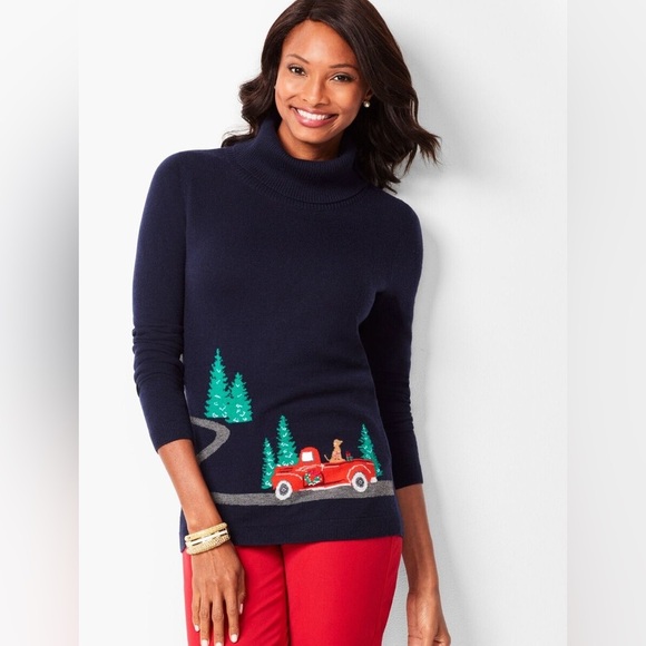 Talbots Blue Novelty Cowlneck Christmas Wool Blend Sweater Size Medium Petite - Picture 1 of 8